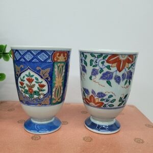 Pair Japanese Vintage Arita Porcelain Footed Tea Cups